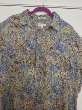 Pierre Cardin Floral Short Sleeve Button-Up Shirt in Blue & Brown XL EUC
